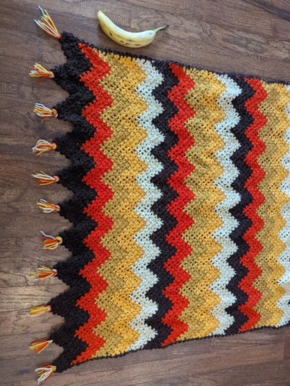 Vintage Chevron Afghan Crocheted Blanket Throw Zig Zag Earthy 70s Retro Groovy